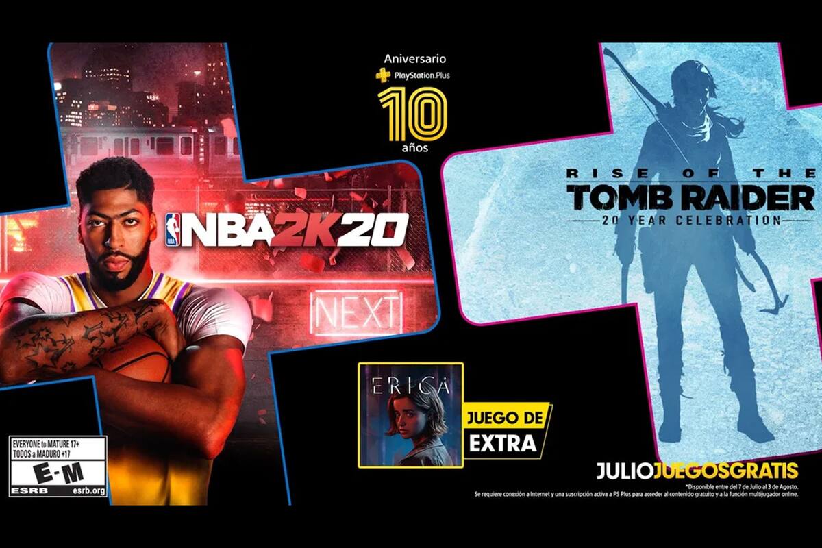 PlayStation Plus anunció sus juegos gratis para julio con NBA 2K20 y Rise of the Tomb Raider, junto al juego extra Erica para celebrar los 10 años del servicio