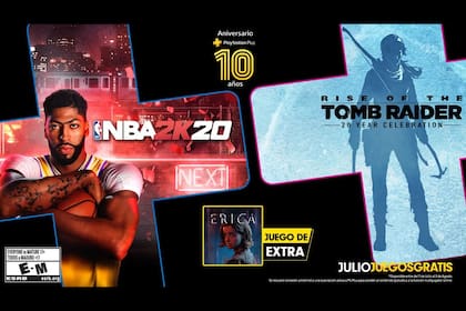 PlayStation Plus anunció sus juegos gratis para julio con NBA 2K20 y Rise of the Tomb Raider, junto al juego extra Erica para celebrar los 10 años del servicio