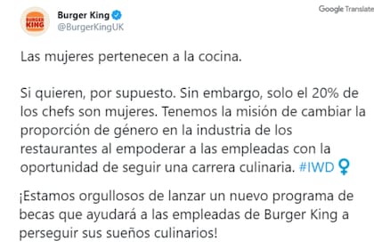 Polémica campaña de la sucursal británica de Burger King en el Día Internacional de la Mujer (Twitter)