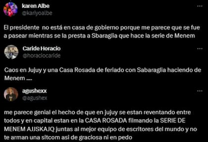 Polémica en las redes por las grabaciones de la serie de Menem en la Casa Rosada mientras en Jujuy se vivía un violento episodio (Foto: Twitter)