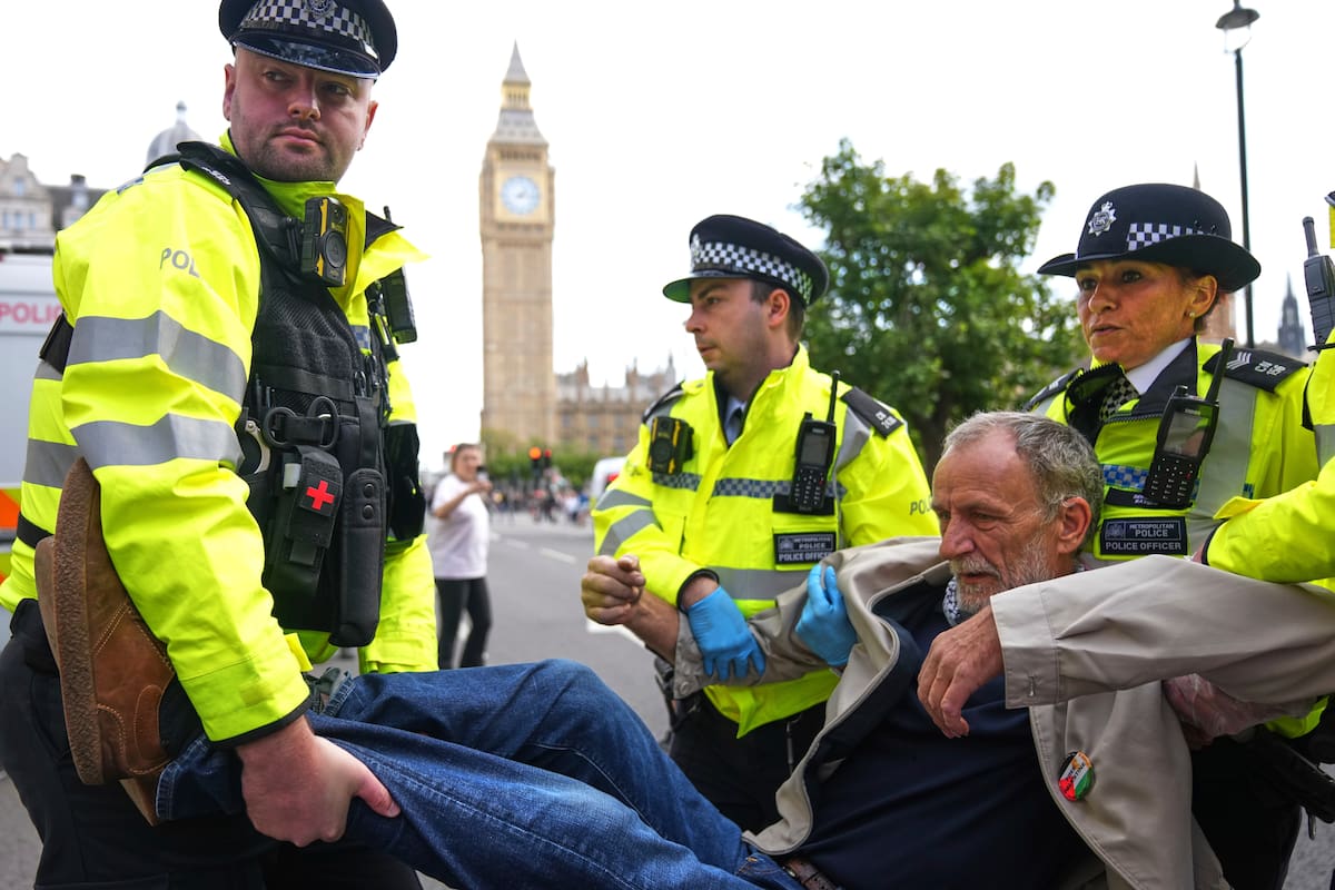 Policías cargan a un manifestante durante una protesta de apoyo al grupo Palestine Action en Londres, el sábado