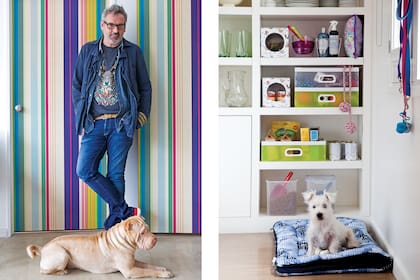 A a derecha, Poly tiene su espacio muy bien organizado en el comedor diario: mueble con juguetes, alimento, bowls y correa.