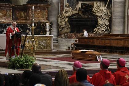 Pope Francis celebrates the funeral service of Cardinal Leon Kalenga Badikebele, the Apostolic nuncio in Argentina, at St. Peters Basilica at the Vatican, Saturday, June 15, 2019. (AP Photo/Gregorio Borgia)