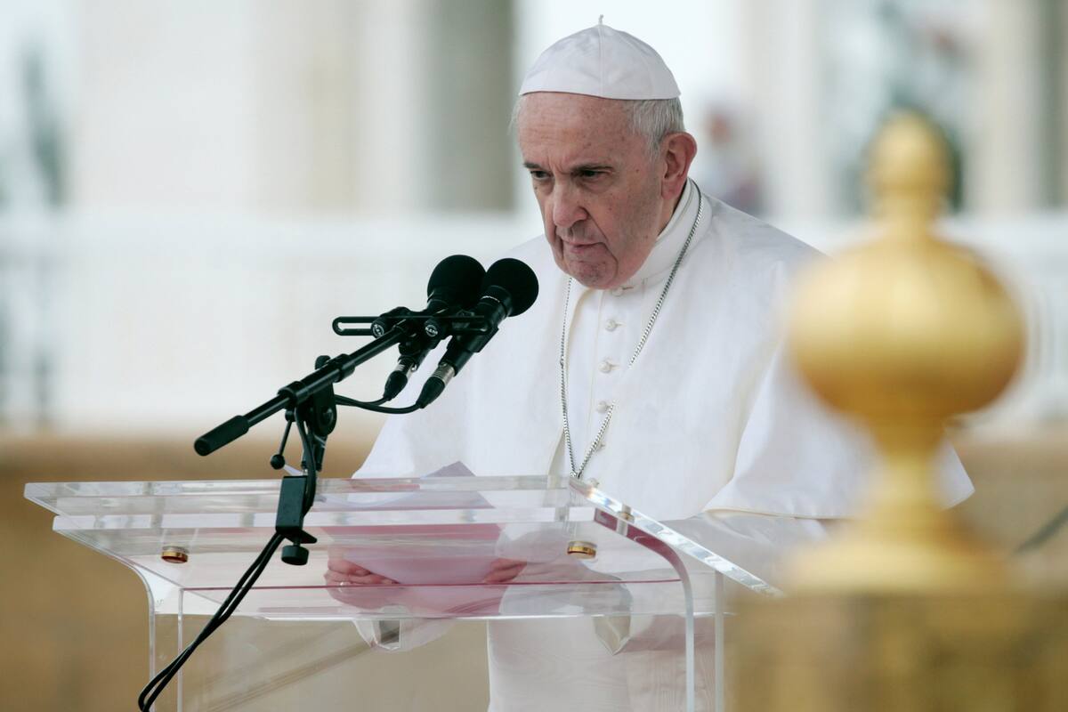 Pope Francis delivers a speech as he and King Mohammed VI of Morocco visit the Hassan Tower esplanade in Rabat, Morocco, March 30, 2019. REUTERS/Youssef Boudlal