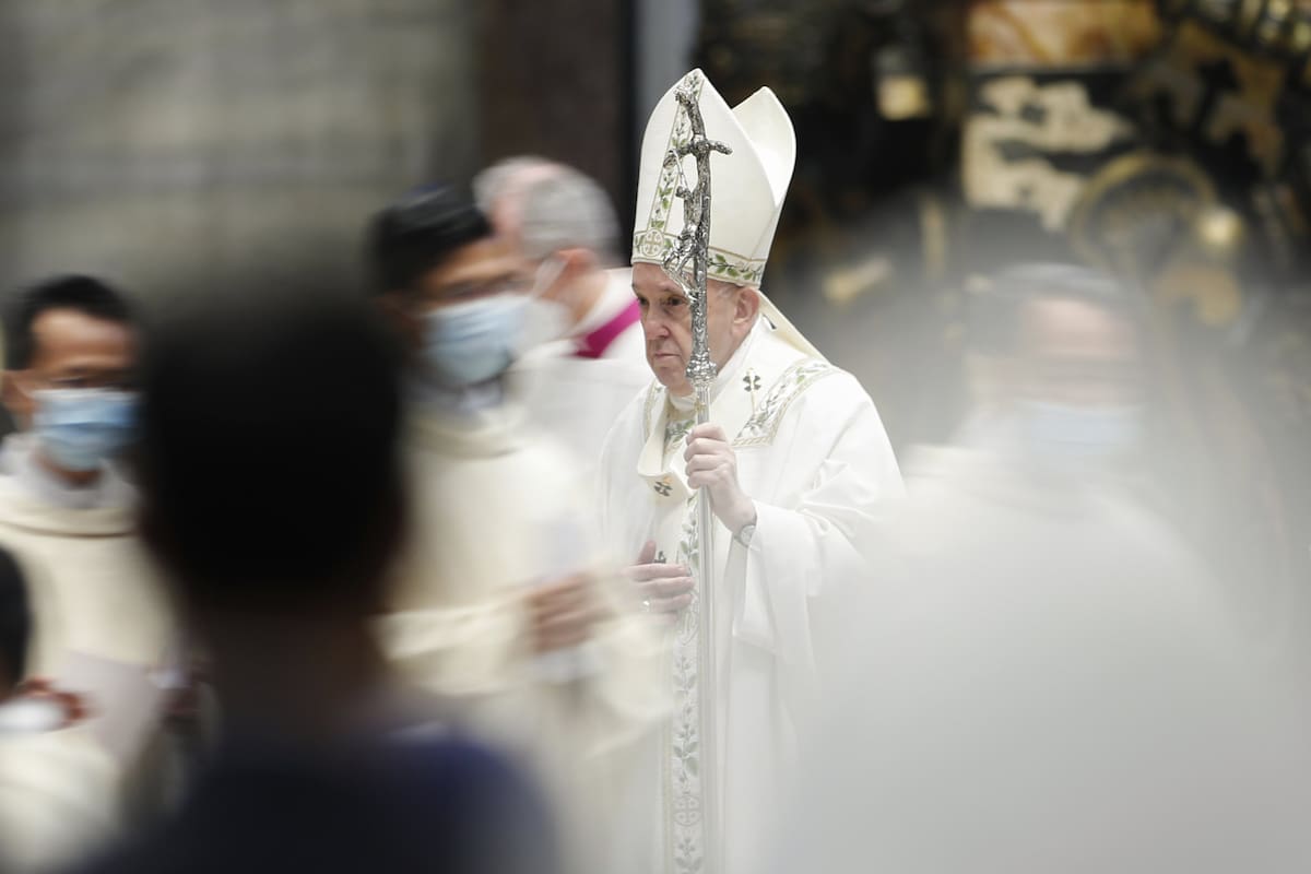 Pope Francis leaves after Holy Mass for the community of the faithful of Myanmar resident in Rome, at the Vatican, Sunday, May 16, 2021. Pope Francis celebrated a special Mass for the people of Myanmar following the country’s military takeover, praying for peace, unity and for God to “set us free from evil’s power.” (Remo Casilli/Pool Photo via AP)