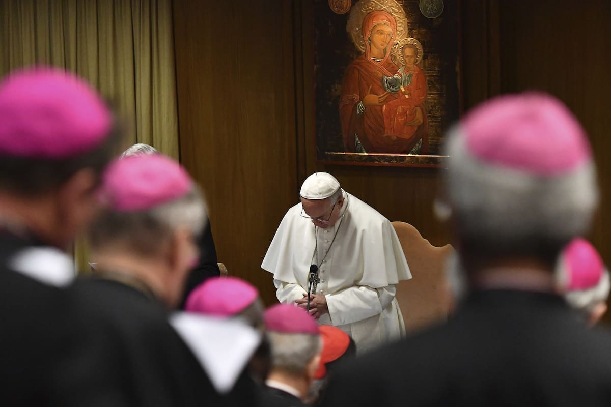 Pope Francis prays during the opening of a sex abuse prevention summit, at the Vatican, Thursday, Feb. 21, 2019. The gathering of church leaders from around the globe is taking place amid intense scrutiny of the Catholic Churchs record after new allegations of abuse and cover-up last year sparked a