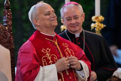 Pope Leo XIV gestures as he gathers with bishops, priests, consecrated persons and pastoral workers at the Our Lady of Lebanon basilica in Harissa, Lebanon, Monday, Dec. 1, 2025. (AP Photo/Hussein Malla)