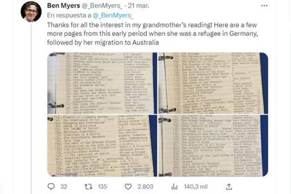 Por el interés de sus seguidores, Ben Myers subió otras páginas más de la lista de los libros que leyó su abuela
