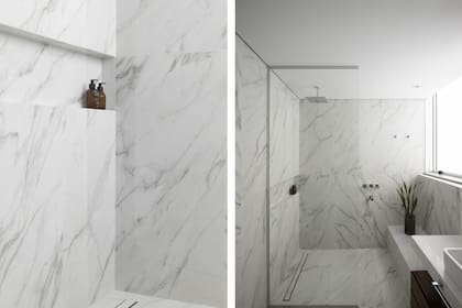 Por la forma que tenía el jacuzzi, la ducha quedó bien amplia, con un banco. Conservando la mesada, diseñaron a medida el espejo y el mueble, que apoya en el piso (todo, Estudios Ledesma/Lesel).