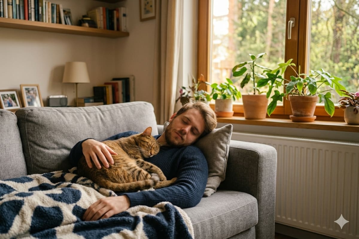 Por qué tu gato quiere dormir arriba tuyo (Foto generada por IA)