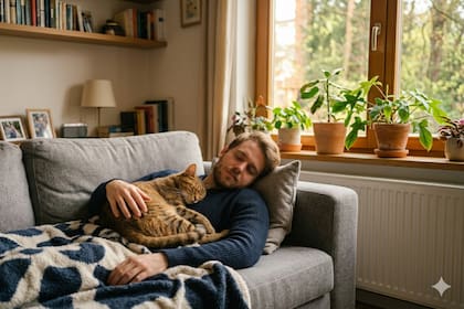 Por qué tu gato quiere dormir arriba tuyo (Foto generada por IA)