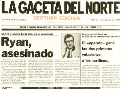 Portada con la noticia del asesinato del ingeniero José María Ryan