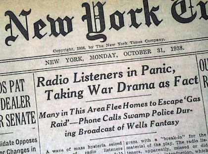 Portada de New York Times del 31 de octubre de 1938, el día después de la emisión de Orson Welles de La guerra de los mundos