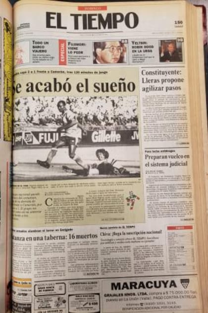 Portada del 24 de junio de EL TIEMPO, que informaba sobre la matanza y la eliminación de la Selección Colombia del Mundial de Italia 90