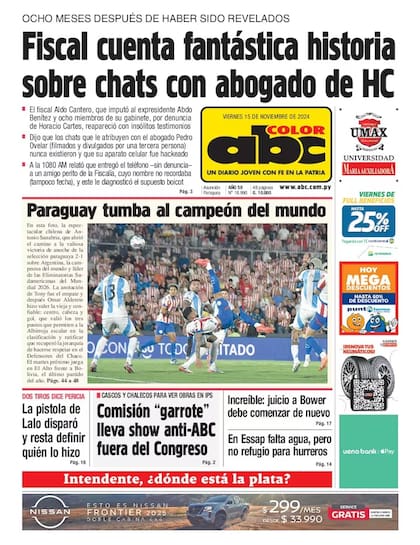 Portada del diario ABC Color tras la victoria de Paraguay ante la selección argentina