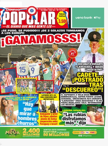Portada del diario Popular luego del triunfo de Paraguay ante la selección argentina