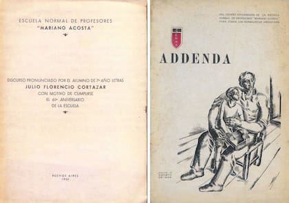 Portada del discurso que dio Cortázar y tapa de la revista escolar Addenda, que él dirigía.