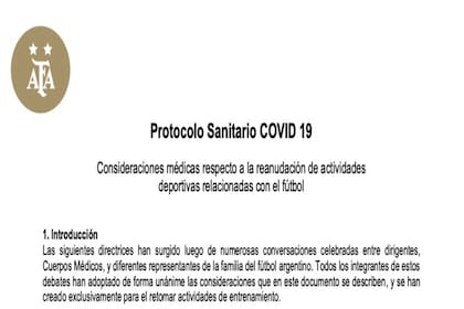 Portada del documento que contiene las recomendaciones sanitarias de la AFA para el regreso del fútbol argentino.