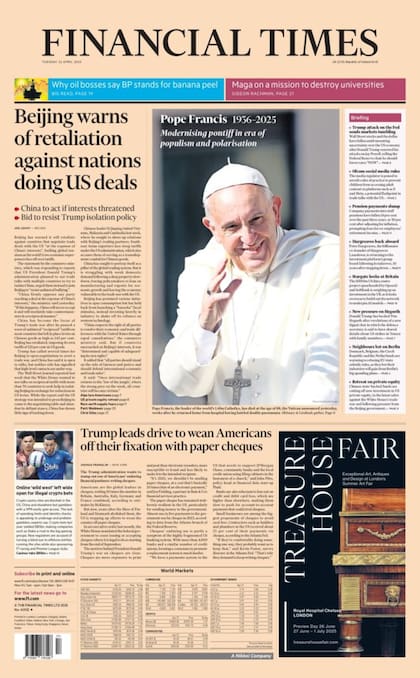 Portada del Financial Times sobre la muerte del papa Francisco