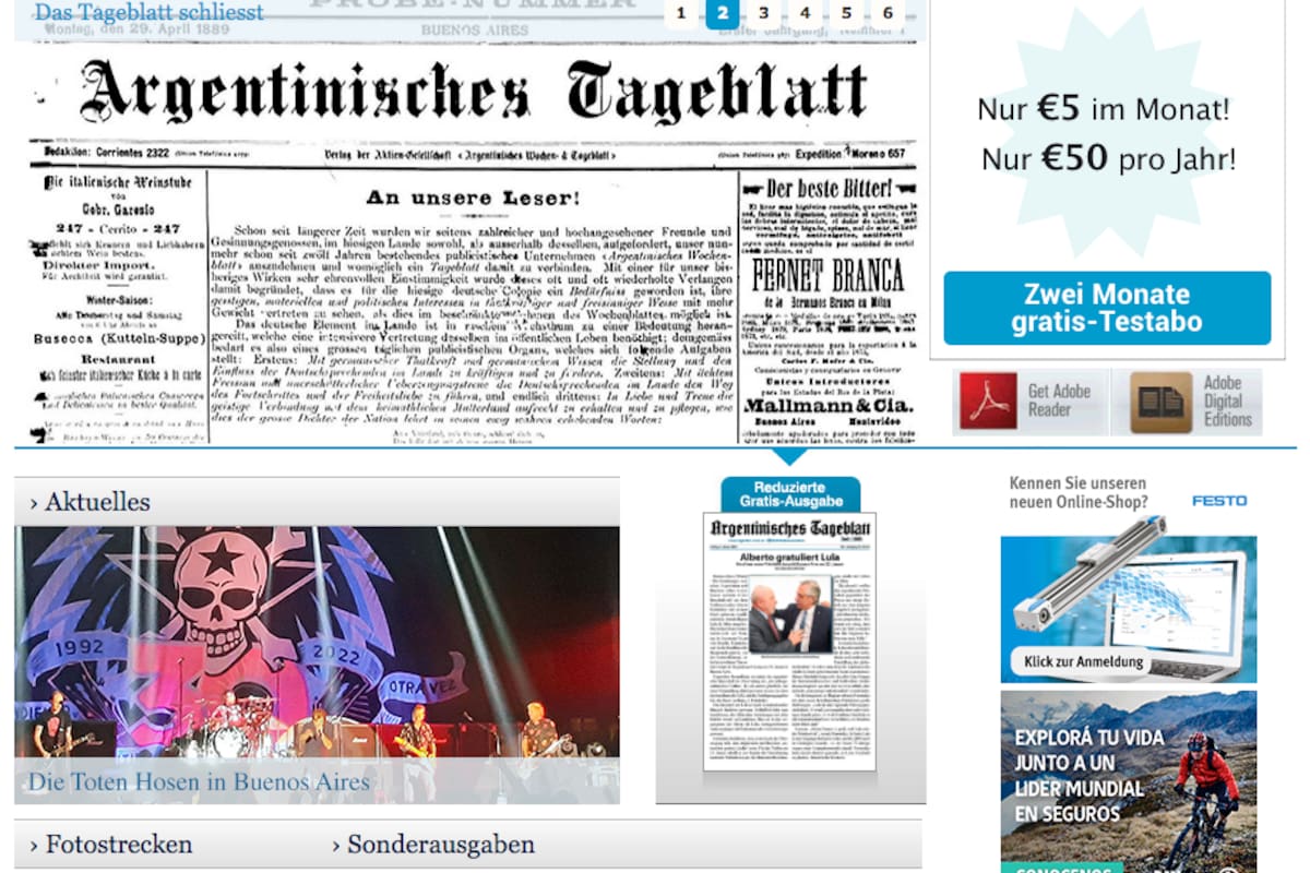 Portada del sitio web del diario "Argentinisches Tageblatt", que dejará de salir después de 133 años de historia