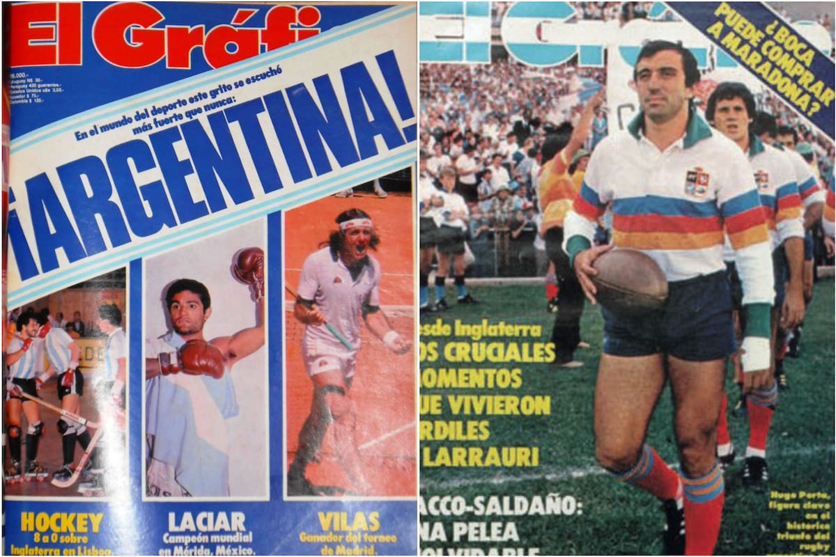 Portadas de la revista El Gráfico durante el conflicto en las Malvinas, con el logo en celeste y blanco.