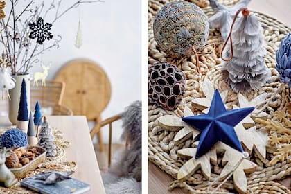 Posafuentes de fibras naturales, estrellas de cartulina o papel plegado, figuras alusivas (se consiguen en las madereras) que podemos dejar en crudo o pintar para introducir fácilmente un tono nuevo. Inspiración que encontramos en Bloomingville.