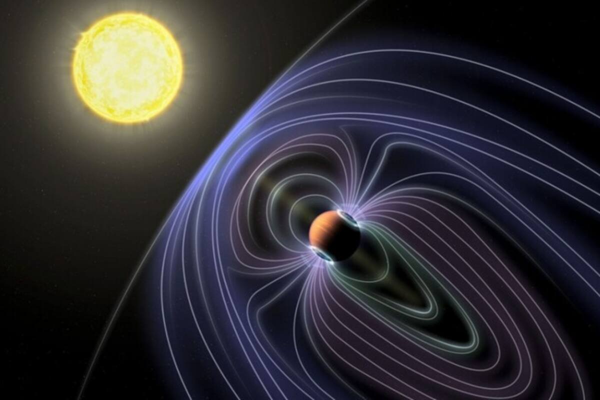 Posible primera emisión de radio desde un exoplaneta Posible primera emisión de radio desde un exoplaneta En esta representación artística del sistema Tau Boötes b, las líneas que representan el campo magnético invisible se muestran protegiendo al planeta Júpiter caliente del viento solar. Crédito:
