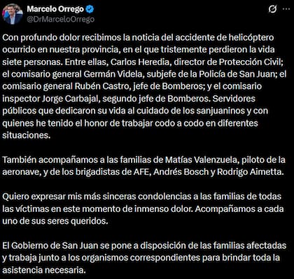 Posteo de Marcelo Orrego sobre el accidente en San Juan