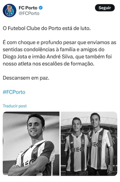 Posteo de Porto sobre la muerte de Diogo Jota