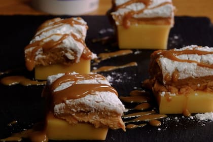 Postre Vigilante de dulce de leche sólido con queso Gouda Luz Azul.