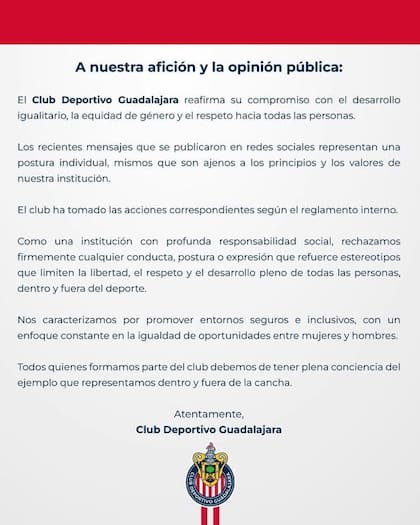 Postura del Club Guadalajara sobre comentarios machistas de "Chicharito" Hernández (Club Guadalajara)