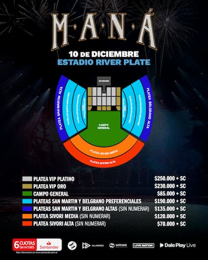 Precios de las entradas para Maná en River 2026