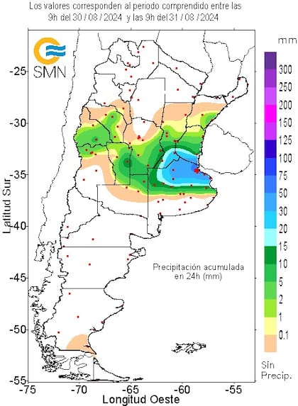 Precipitaciones entre el 30 y el 31 de agosto, hasta las 9 AM