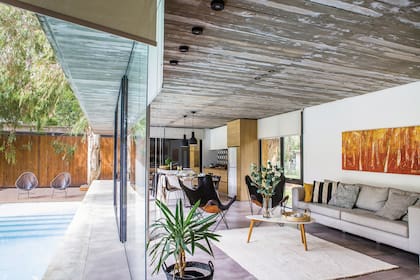 Preside el living la obra de Sergio Esteban, sobre el sofá gris con almohadones (Ikea). Contra la ventana, cesto de fibras naturales (Söka Market) con planta