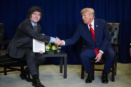 President Donald Trump meets with Argentine President Javier Milei during the United Nations General Assembly, Tuesday, Sept. 23, 2025, in New York. (AP Photo/Evan Vucci)
