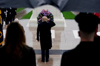 President Donald Trump participates in the a wreath laying ceremony on Veterans Day at Arlington National Cemetery in Arlington