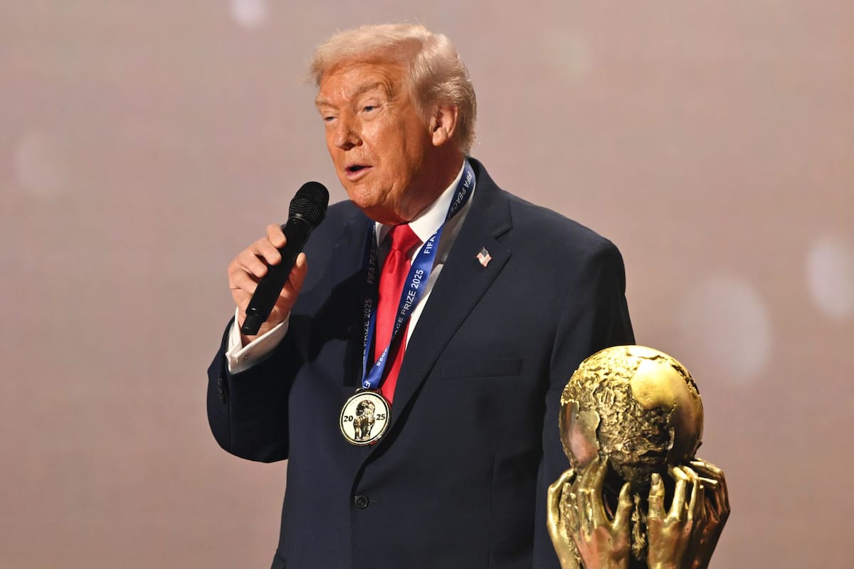 President Donald Trump speaks after FIFA President Gianni Infantino presented him with the FIFA Peace Prize during the draw for the 2026 soccer World Cup at the Kennedy Center in Washington, Friday, Dec. 5, 2025. (Mandel Ngan/Pool Photo via AP)
