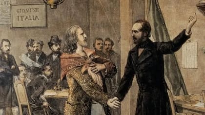 Primer encuentro entre un joven Garibaldi y el político republicano italiano Giuseppe Mazzini, en la ciudad francesa de Marsella, en 1833. Foto: Getty Images