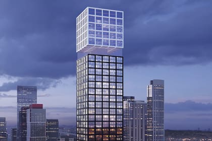 Primer plano de El Cubo en el 620 de la calle Folsom, renderizado por Arquitectonica