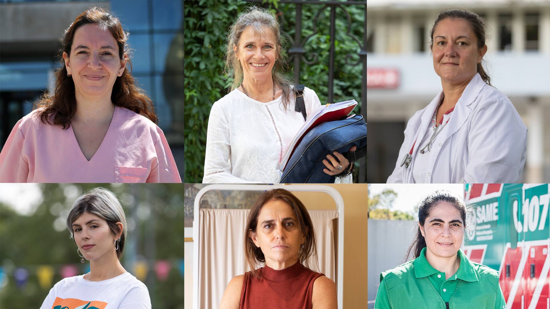 Primera fila, de izquierda a derecha: Mariela Crespi enfermera; Julia Elena Rançèze, docente de ingles; Roxana Marcos, medica; segunda fila, de izquierda a derecha: Barbara Willis, psicóloga; Marita Arrobas, pediatra; Paola Garbalena, chofer del SAME