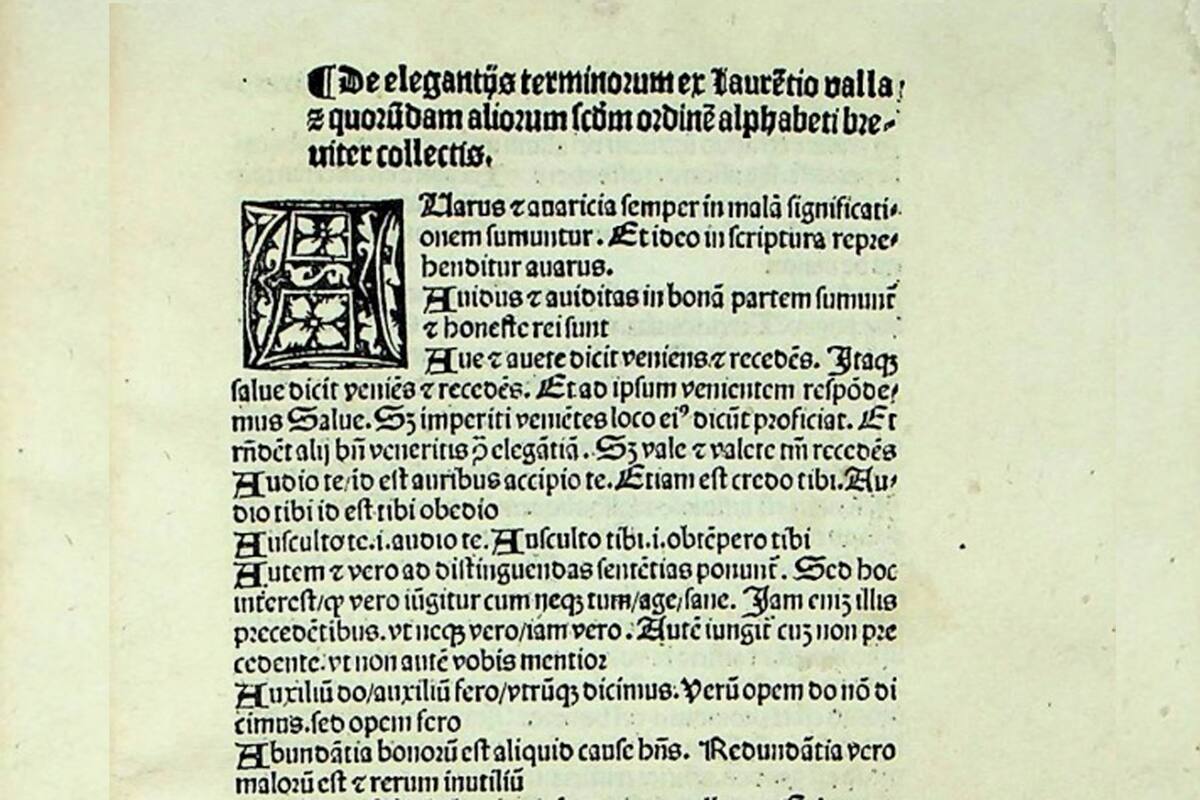 Primera página de 'Elegantiae terminorum ex Laurentio Valla et aliis collectae'