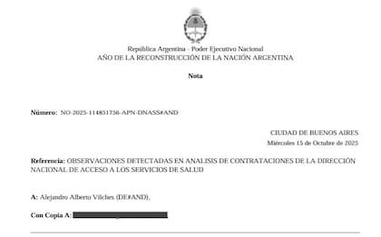 Primera página de uno de los informes que Vilches remitió a la Justicia sobre las compras en la Andis