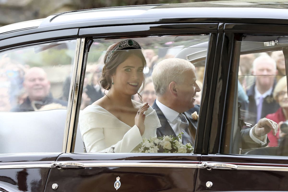 Princess Eugenie arrives ahead of her wedding to Jack Brooksbank at St George’s Chapel, Windsor Castle, near London, England, Friday Oct. 12, 2018. (Gareth Fuller/Pool via AP)