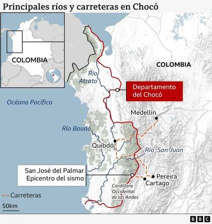 Principales ríos y carreteras en Chocó
