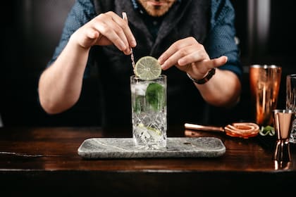 Professional bartender pouring and preparing gin and tonic with lime at bar counter. Details of mixology