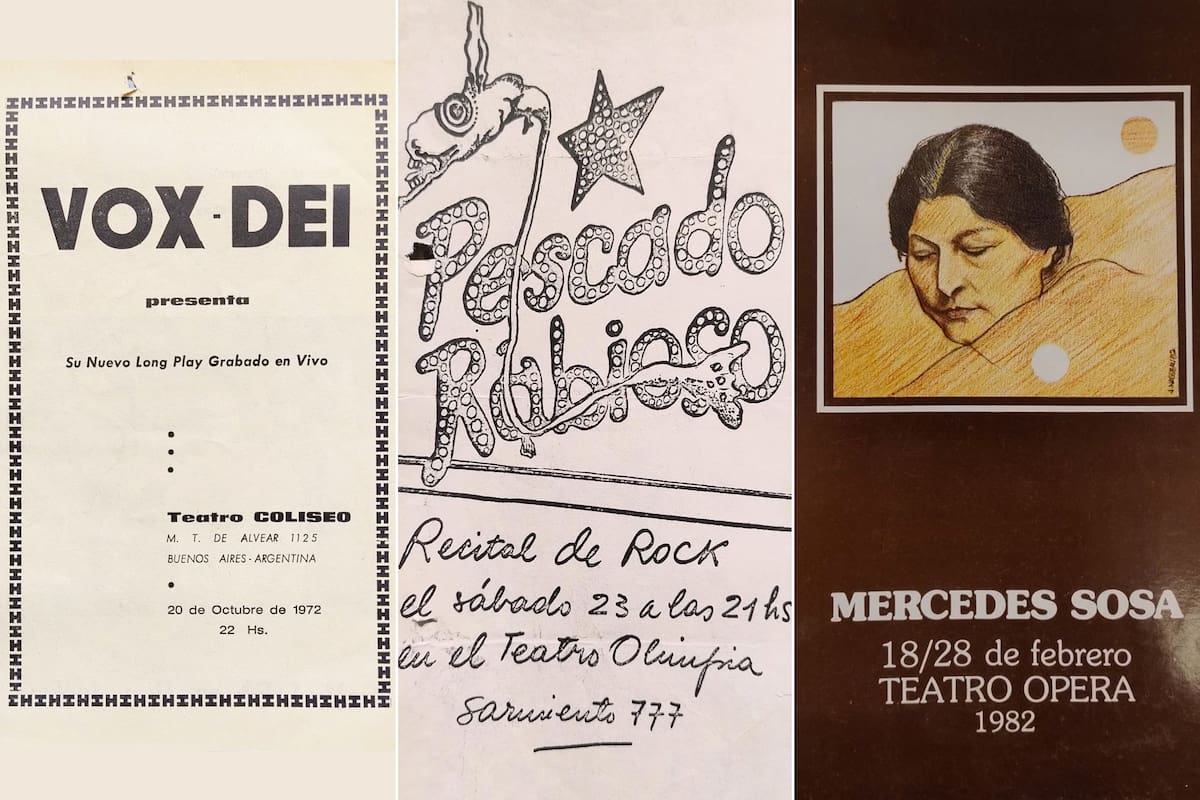 Programas de recitales de Vox Dei (La nave infernal), Pescado Rabioso (en la víspera de la Nochebuena de 1972) y Mercedes Sosa (en su regreso al país tras un exilio de tres años)