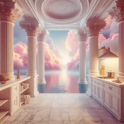 Prompt: “Mi casa, mi templo”: Hogar símil templo griego sobre un espejo de agua en atmosfera romántica, tonos pasteles, híper realista y acogedor, sector cocina.