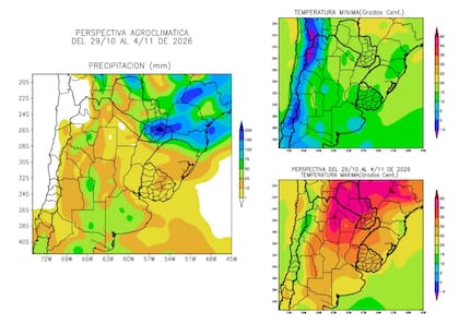 Pronóstico de lluvias y temperaturas para el período del 29 de octubre al 4 de noviembre, según la Bolsa de Cereales de Buenos Aires.