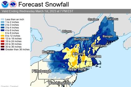 Pronóstico de nieve para algunas regiones del noreste de Estados Unidos en los primeros días de marzo