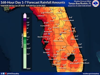 Pronósticos anticipan acumulados de lluvia superiores a 250 mm en la costa oeste de Florida, con riesgos de inundaciones repentinas que podrían afectar celebraciones del Día de la Independencia